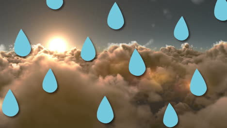 animation of blue water drops falling over clouds and sunset sky