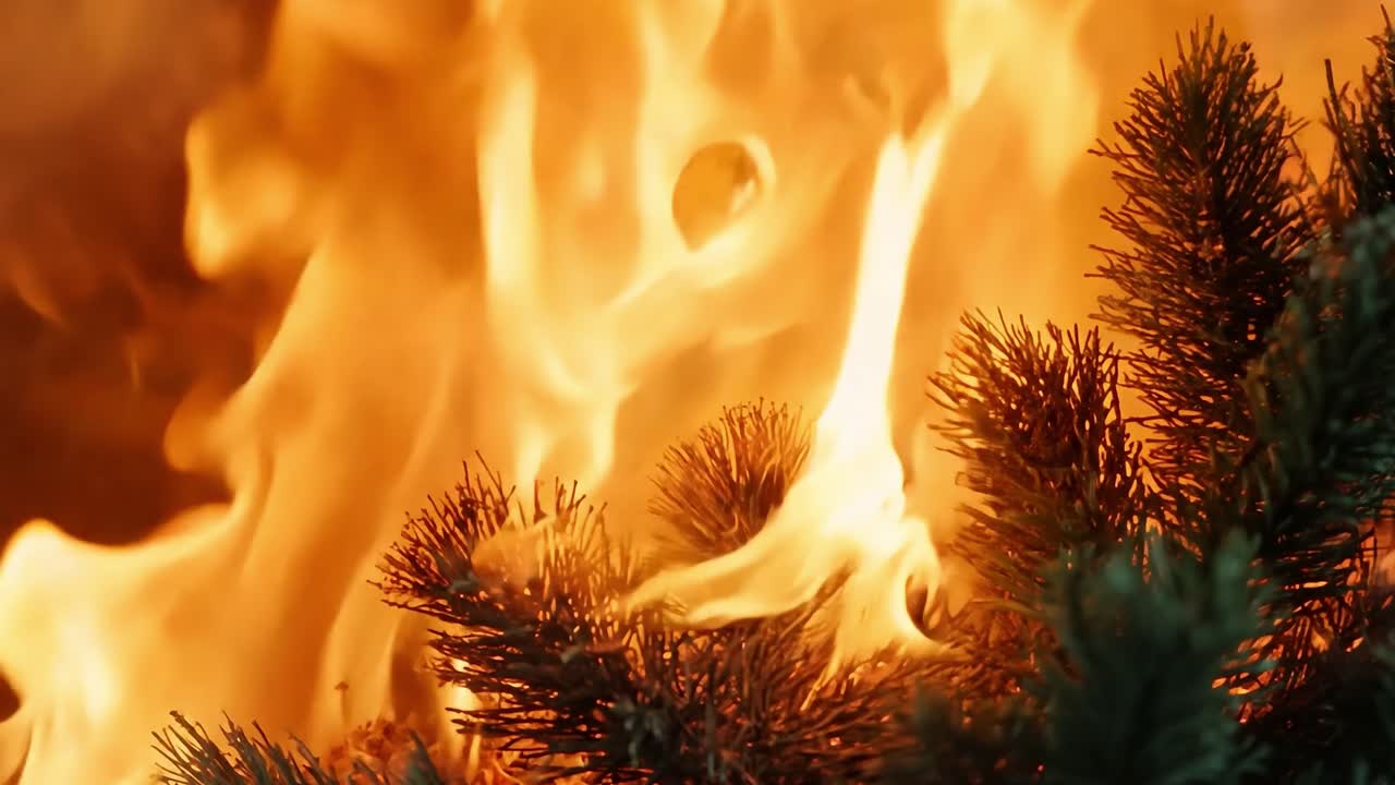 불타는 크리스마스 트리의 클로즈업