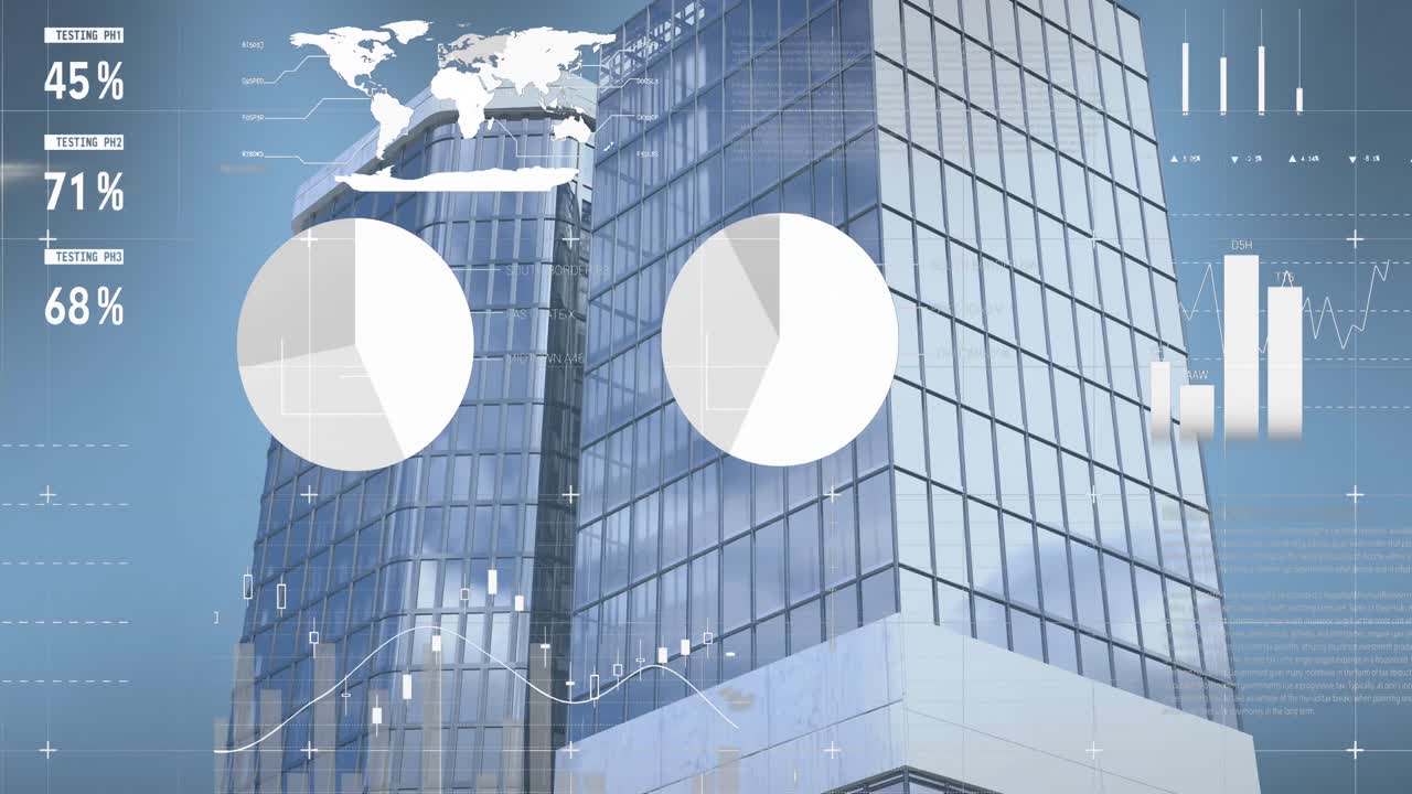 анимация обработки финансовых данных в современных офисных зданиях