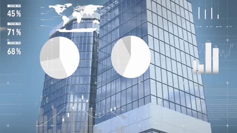 animation of financial data processing over modern office buildings