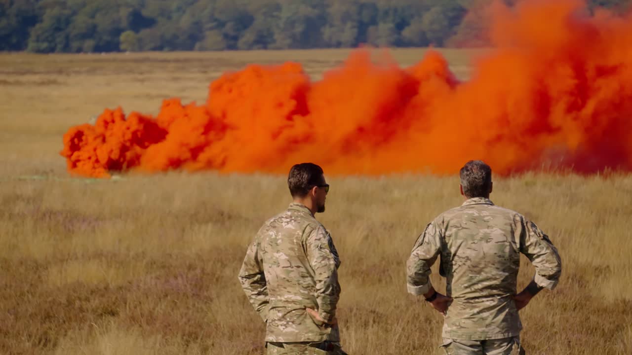 Two soldiers in camouflage observe a large plume of bright orange smoke during a military exercise at Ginkelse Heide, Ede, Netherlands. Scene captures a moment of tactical maneuvers in open terrain