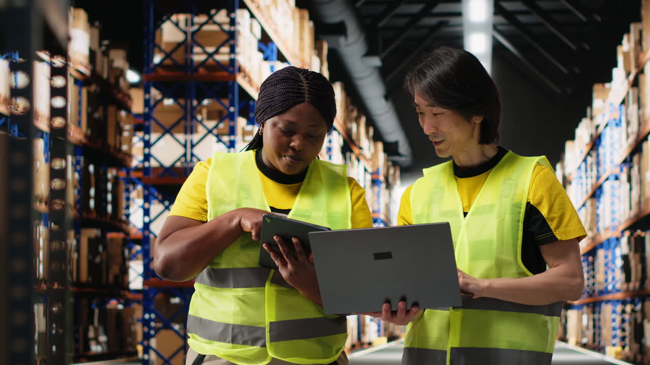 Vertical Video African American and Asian workers manage goods for a large brand