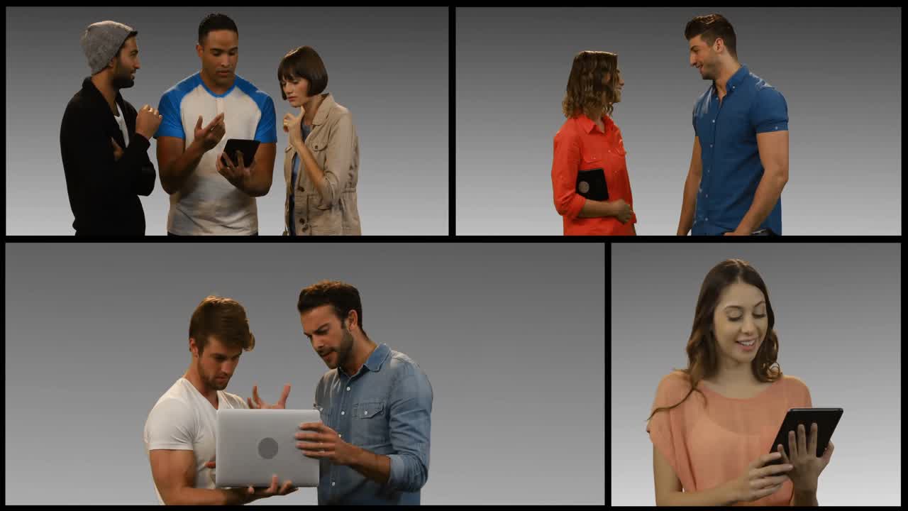 pantalla múltiple que muestra a personas usando tableta digital y portátil