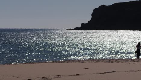 escena cinematográfica de siluetas de personas paseando por la playa con un océano brillante en el fondo