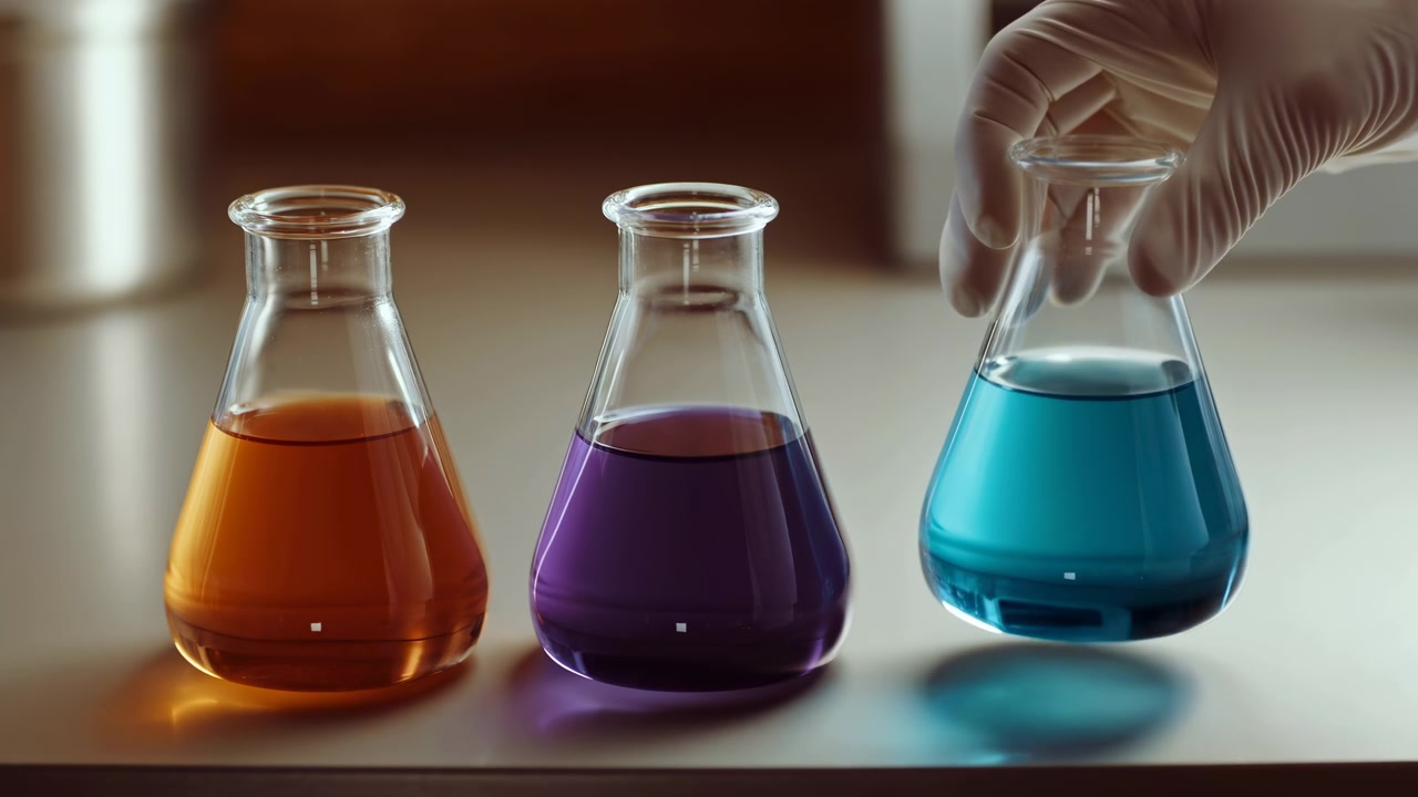 Cena de laboratório em close-up com três frascos Erlenmeyer transparentes em fila horizontal sobre uma bancada reflexiva, preenchidos com líquidos transparentes laranja, roxo e azul-ciano, enquanto uma mão enluvada levanta