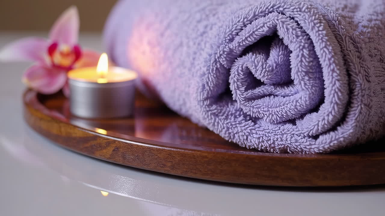 Spa Setting with Lavender Towel, Candle, and Orchid