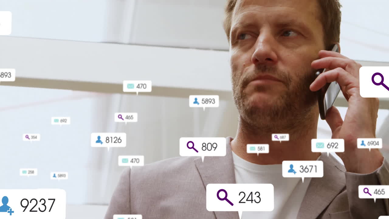 Animation of social media icons with numbers over caucasian businessman talking on smartphone