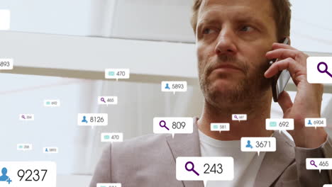animación de iconos de redes sociales con números sobre empresario caucásico hablando en teléfono inteligente