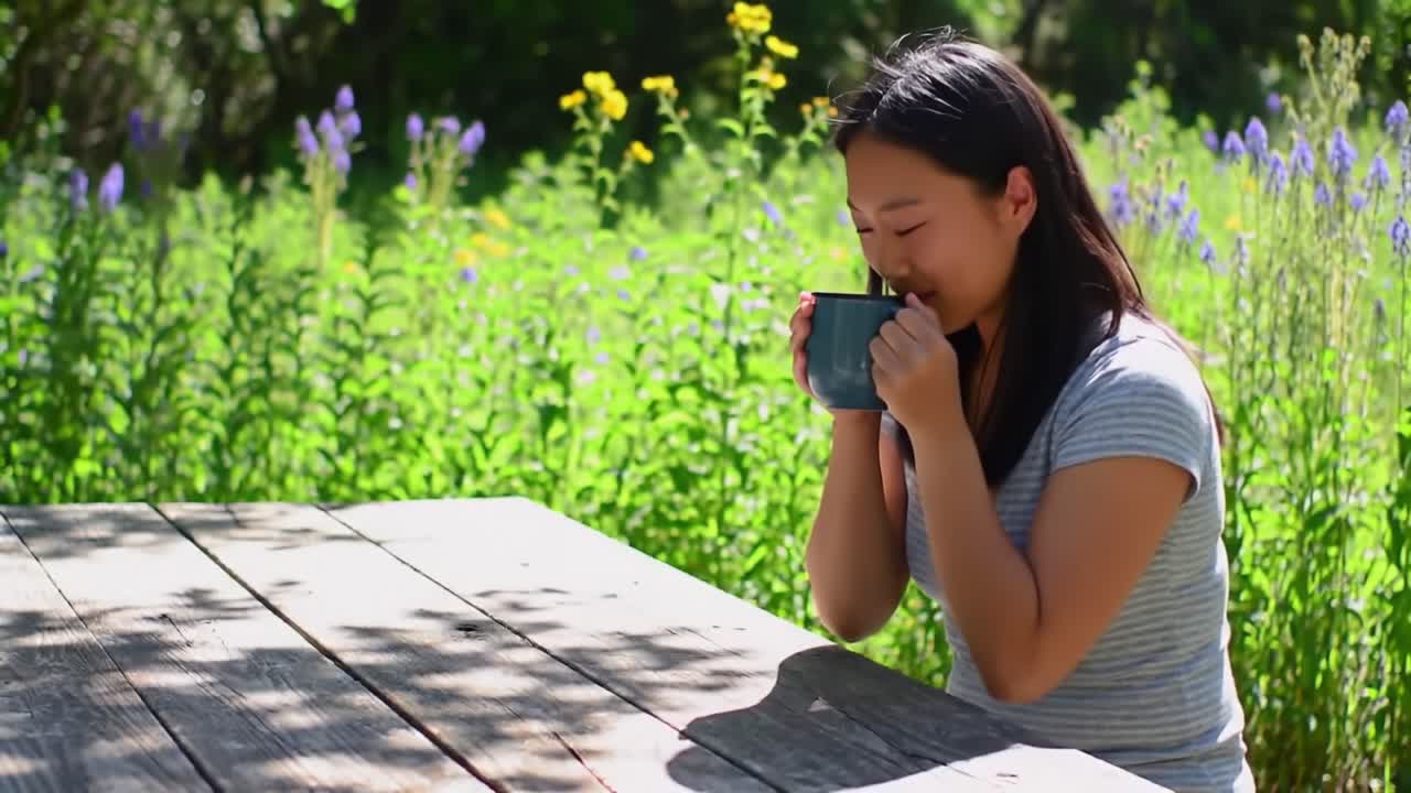 A Serene Moment in Nature: A Young Woman Enjoys a Peaceful Afternoon with Tea in the Midst of a Blooming Garden Under the Warm Sunlight