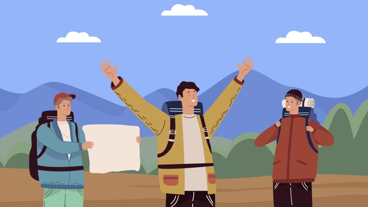 group of male campers characters animation