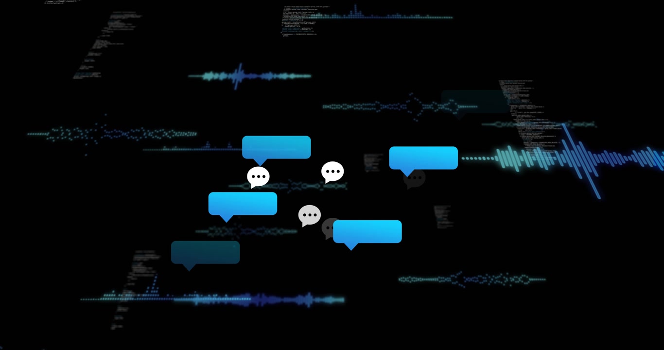 Blue chat bubbles clustering and waveform pulsing after bubble appearing to simulate conversation