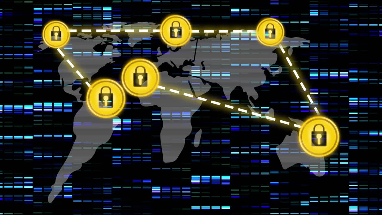 어두운 배경 위에 온라인 보안  ⁇ 락을 가진 연결 네트워크의 애니메이션