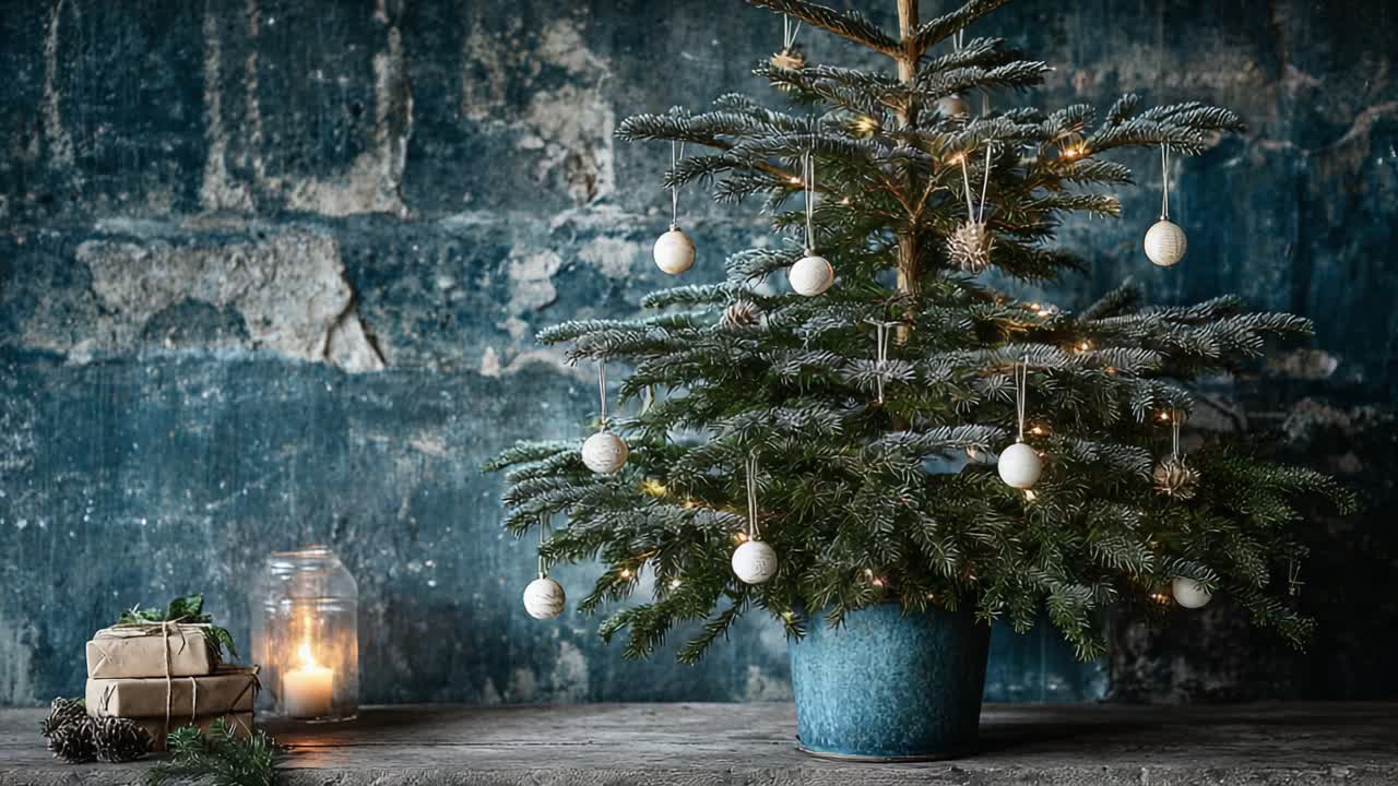 A Rustic Christmas Tree Elegantly Adorned with White Ornaments and Soft Lights Against a Textured Wall, Creating a Cozy and Inviting Holiday Atmosphere