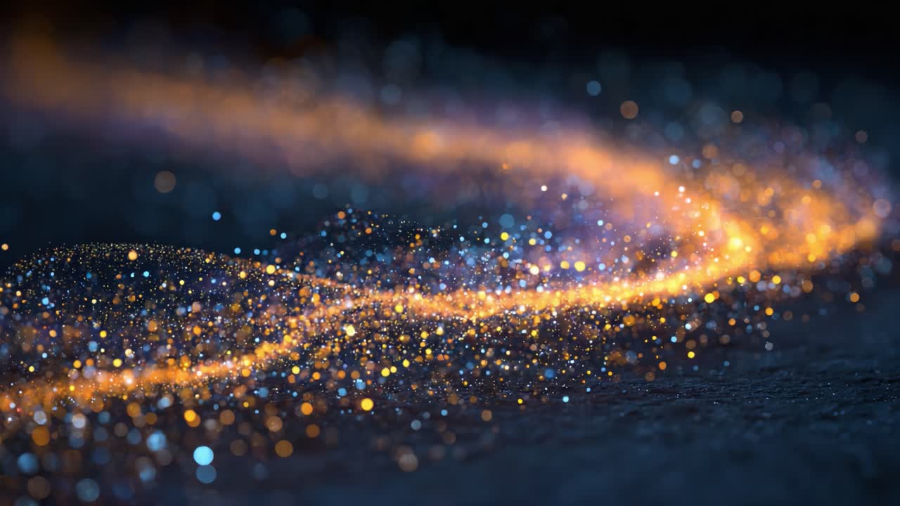 Una vivace rappresentazione di particelle di luce colorate che creano un incredibile flusso cosmico, mettendo in mostra uno spettro etereo di polvere scintillante ed effetti magici in movimento