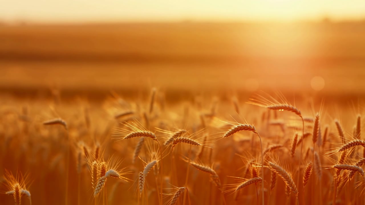 Goldene Weizenähren leuchten in warmem Sonnenuntergangslicht mit geringer Tiefenschärfe, sanftem Dunst und verschwommenem Horizont, was eine ruhige ländliche Atmosphäre, eine reiche Bernsteinfarbe und eine fruchtbare Erntestimmung für eine Agrarlandschaft schafft.