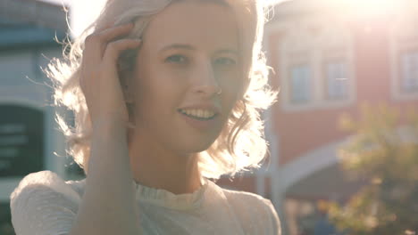 smiling woman in city