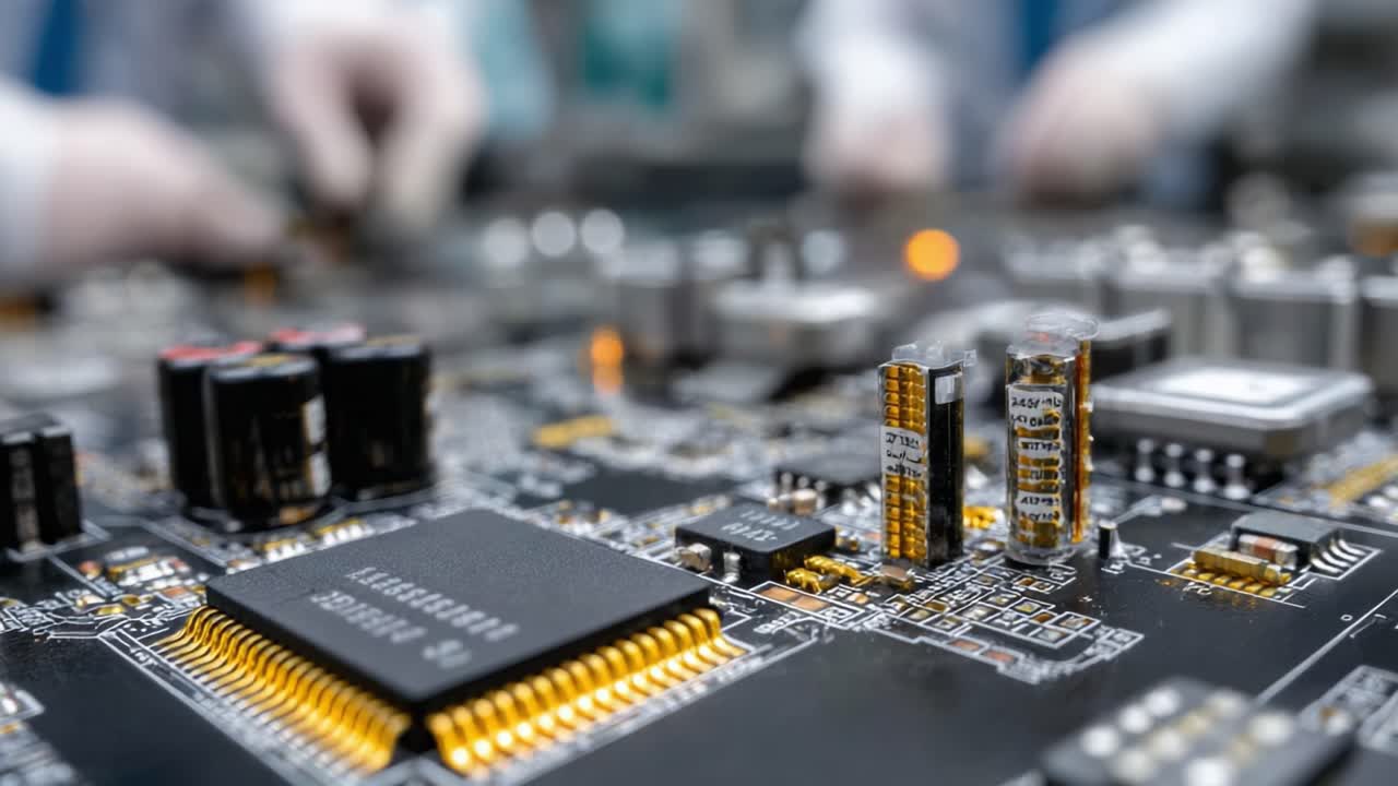 Close-Up Shot of a Complex Circuit Board Undergoing Assembly and Inspection in a High-Tech Environment, Showcasing Detailed Components and Careful Handling