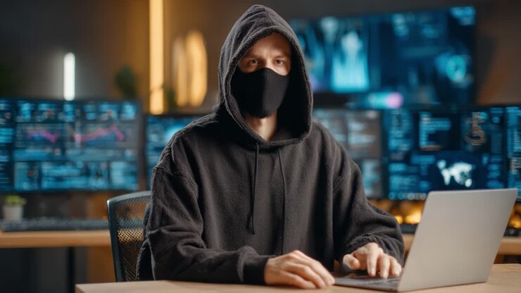 En mystisk person i en mørk hættetrøje og maske arbejder koncentreret på en bærbar computer omgivet af skærme, der viser dataanalyse i et svagt oplyst rum, hvilket skaber en gådefuld atmosfære
