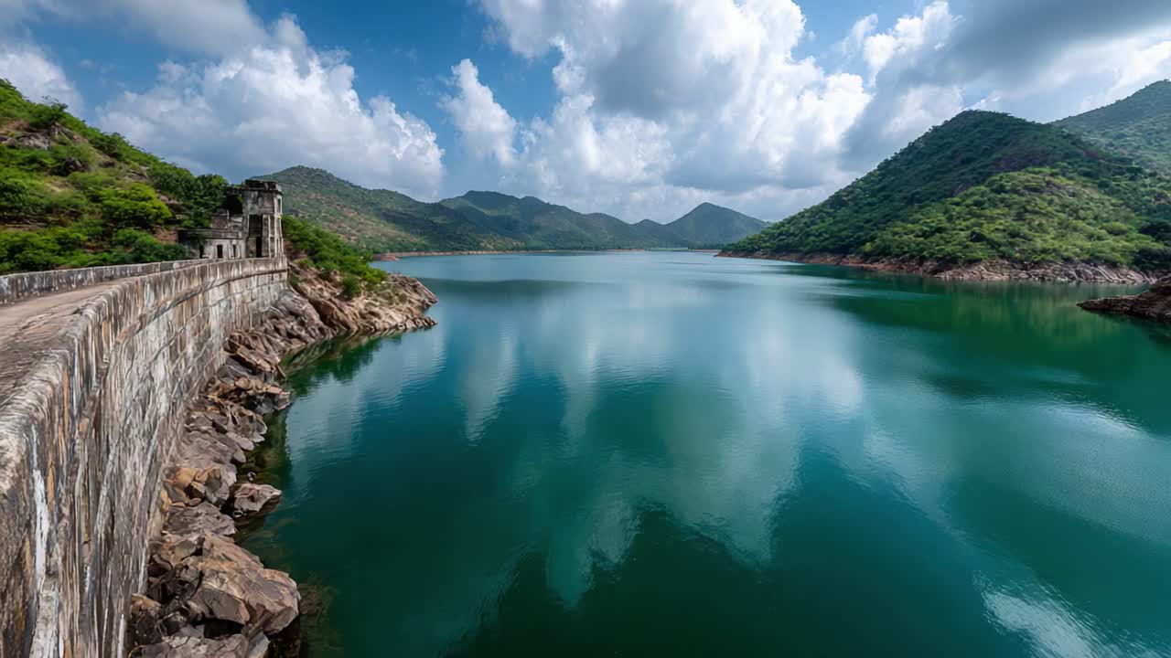A Serene Landscape Featuring a Lush Green Mountainside Overlooking a Tranquil Reservoir with Clear Blue Waters and a Scenic Dam Structure