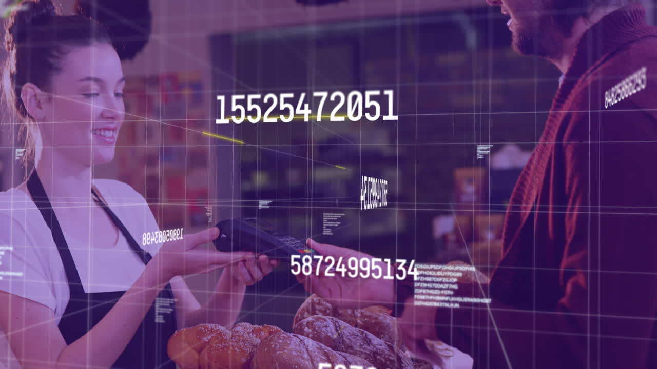 Animation of data processing over diverse people paying with credit card