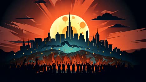 vibrant city skyline with silhouetted crowd against a glowing sunset