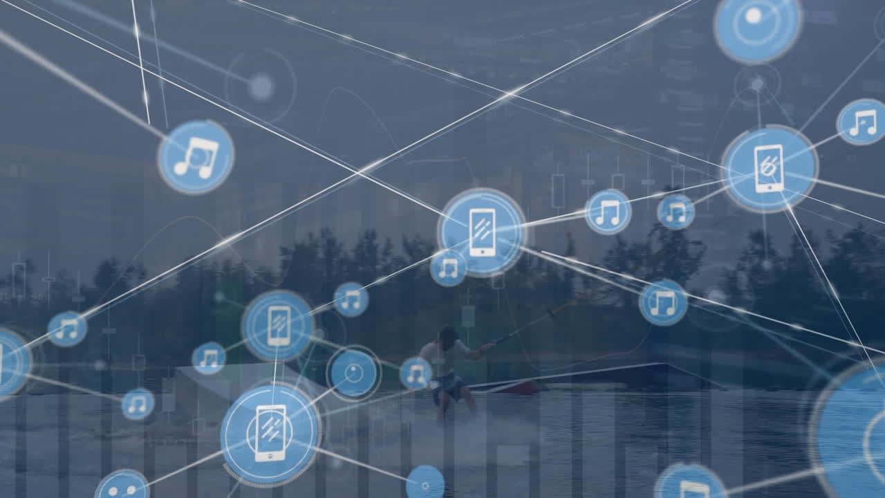 Animation of network of connections over cityscape