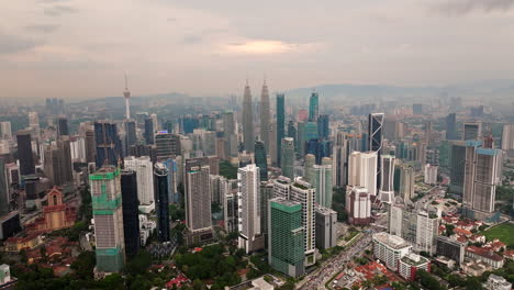 busy kuala lumpur skyline with heavy traffic on city streets, aerial view