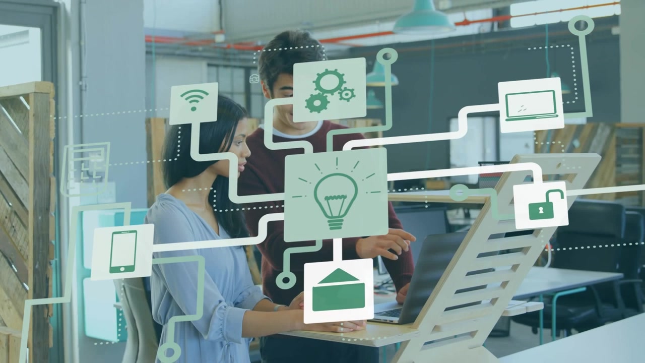 Animation of network of connections with icons over business people using laptop