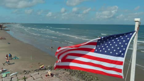 Aerial-of-Surfside-beach-in-Lake-Jackson,-Texas-in-the-Gulf-of-Mexico