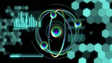 Animation-of-atom-model-spinning-and-data-processing-on-black-background