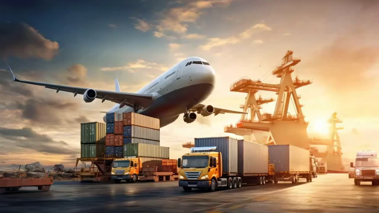 Dynamic video concept of global trade, featuring a low-angle view of a plane landing amidst shipping