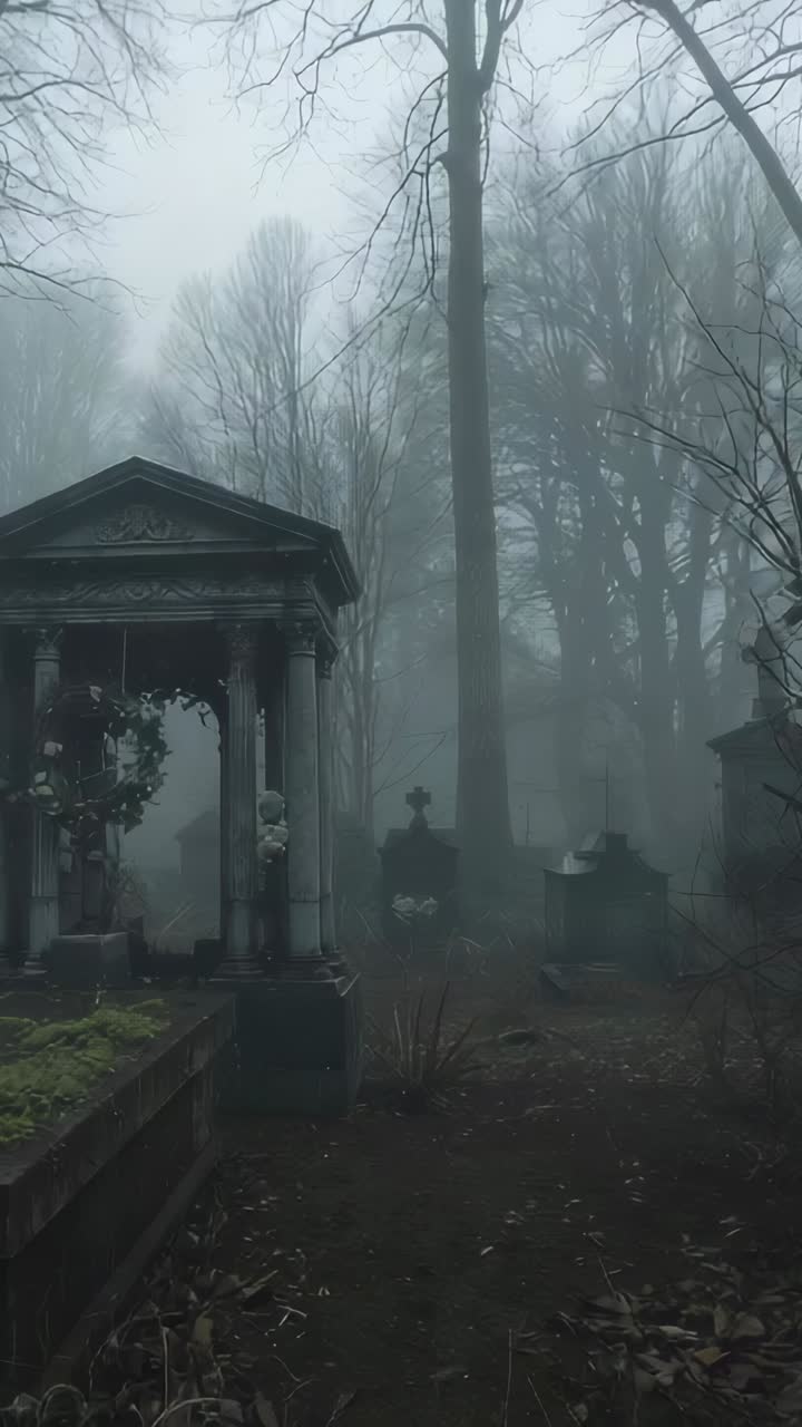 Vertical video: Camera starting panning across foggy cemetery, mausoleum, graves, ivy-clad monument
