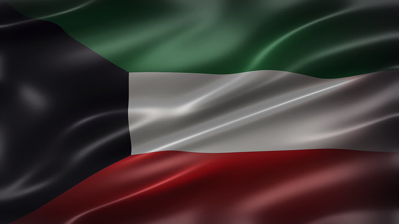 la bandera de kuwait, vista de fuente, cuadro completo, elegante, brillante, revoloteante, elegante textura sedosa, ondeando en el viento, animación realista de 4k cg, aspecto de película, sin costuras de bucle