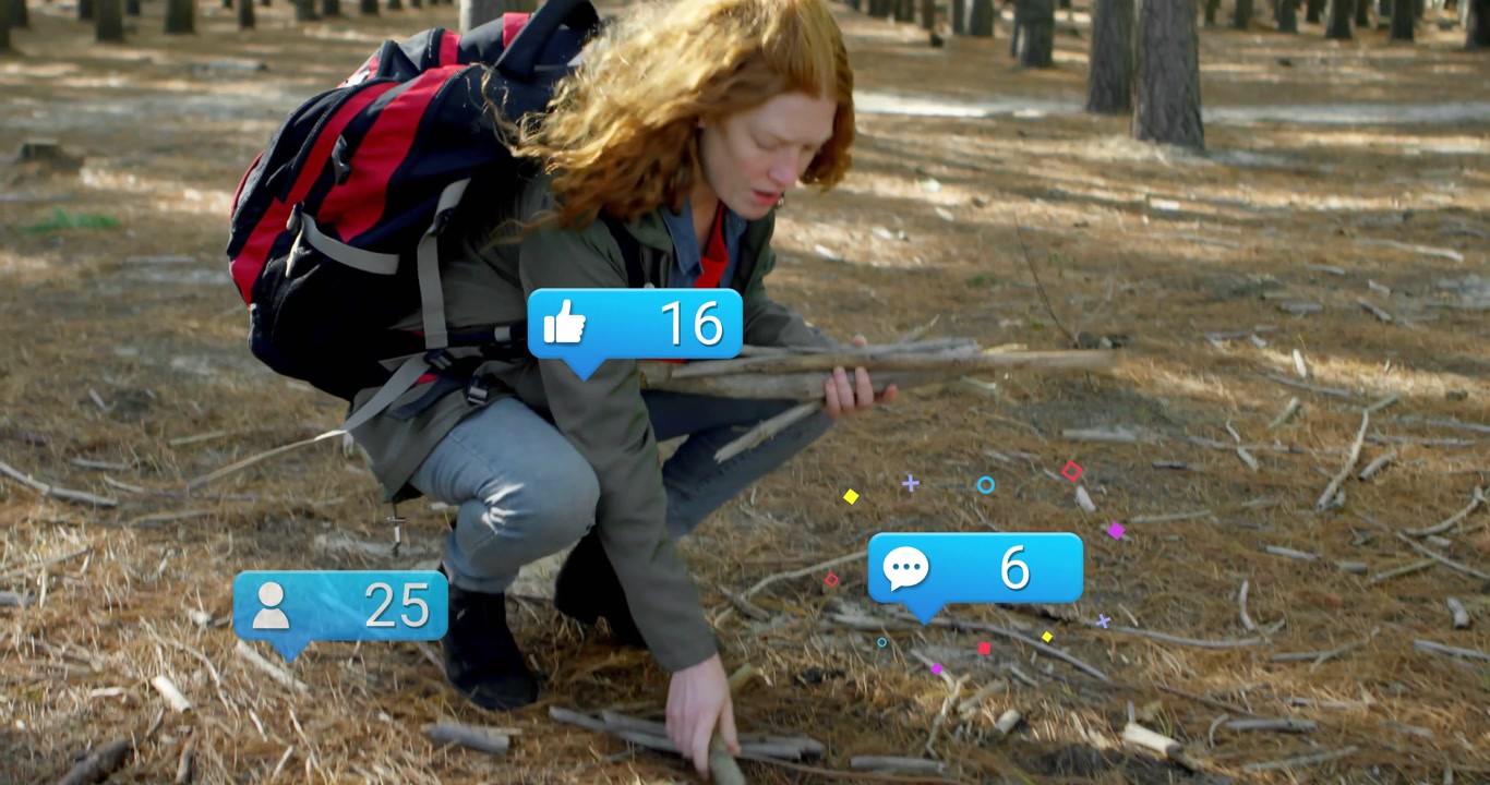 woman crouching and gathering sticks in forest, with floating marketing icons showing engagement