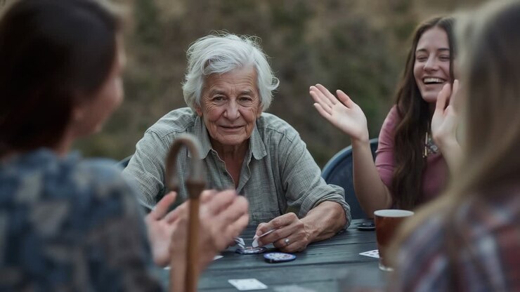 Vertical video: Senior revealing card at garden table, causing chips and health icon during play
