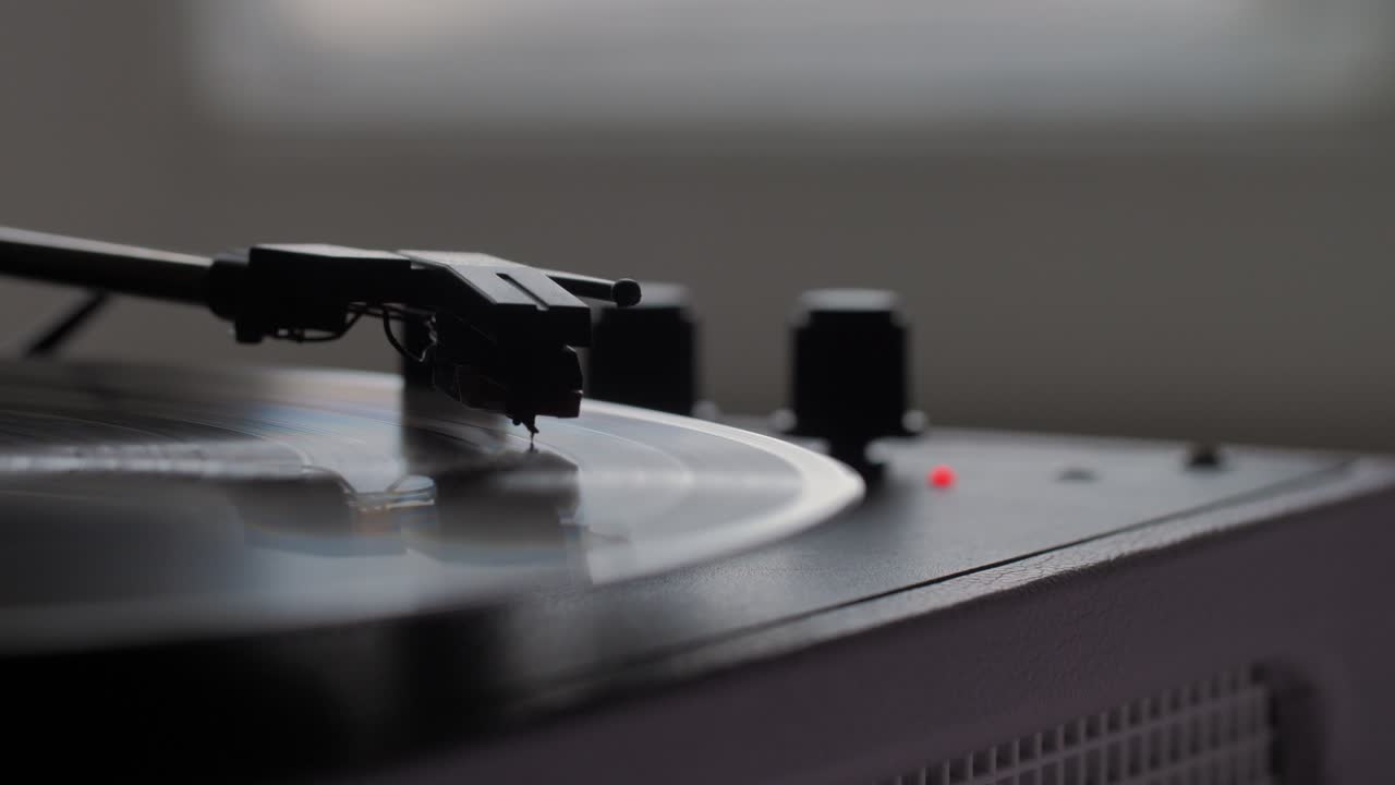 Vintage Gramophone Player Close-up Playing the Record