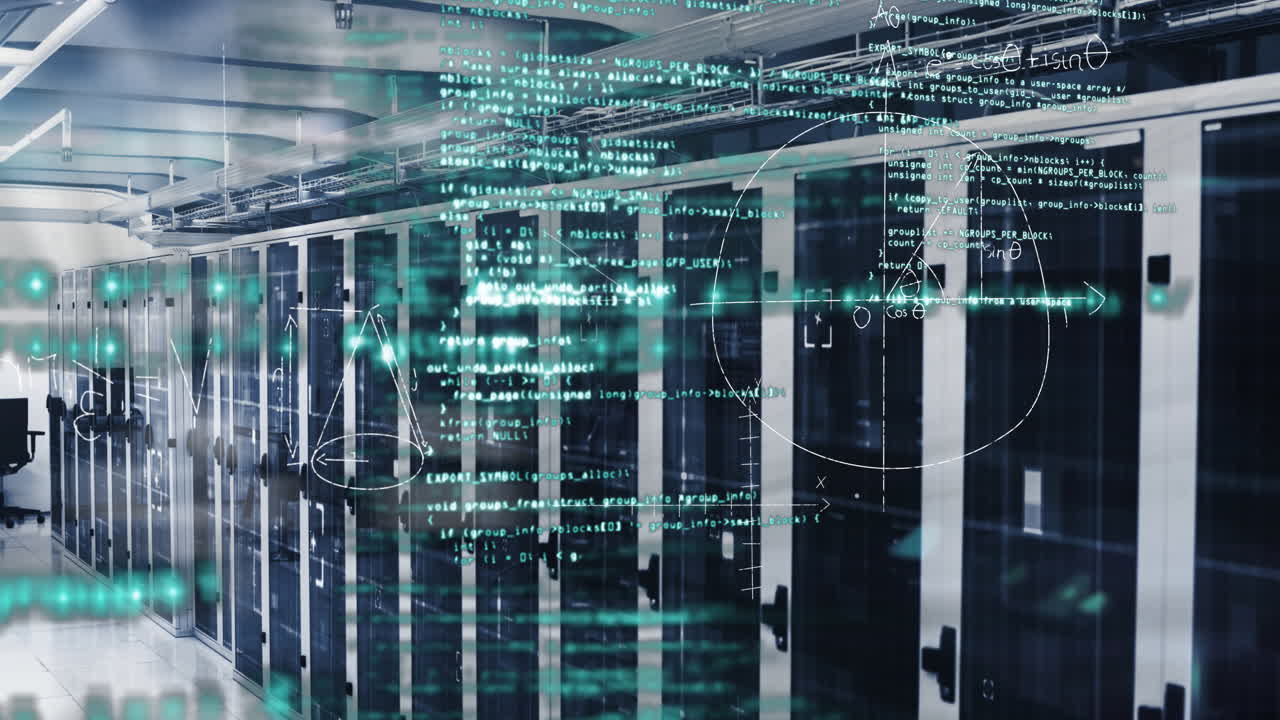 Mathematical equations and data processing against empty server room
