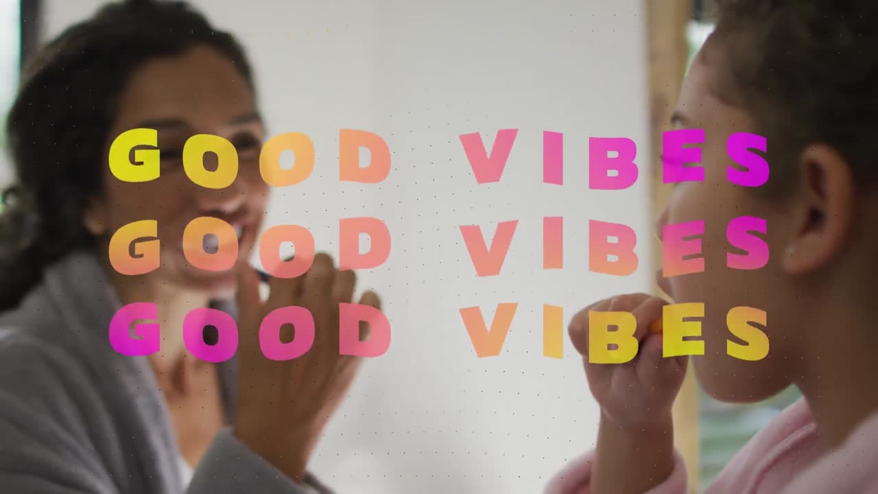 animación de buenas vibraciones texto sobre mujer afroamericana usando lápiz labial