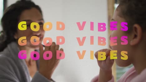 animation of good vibes text over african american woman using lipstick