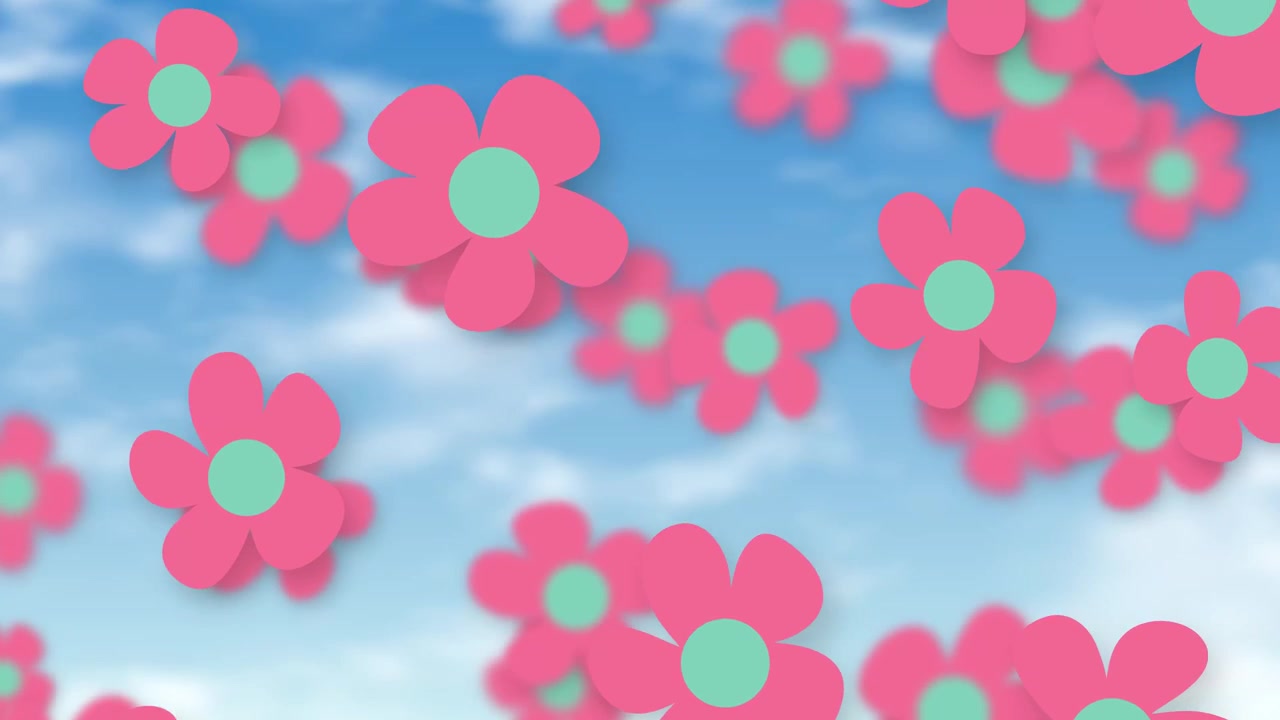 Animated pink paper-cut flowers fall gently through a sunny blue sky with soft clouds.