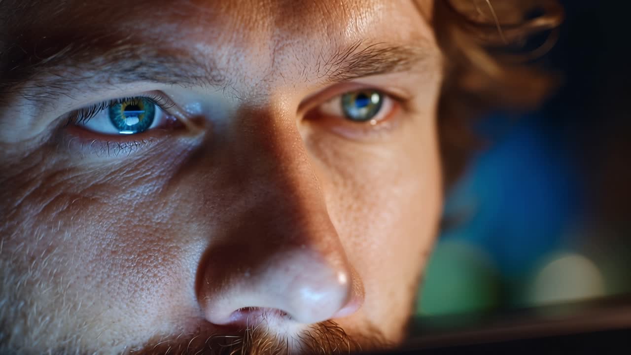 Close-Up of an Intense Gaze: A Person Focused on a Screen, Capturing the Depth of Concentration and Emotion in Their Eyes and Facial Expressions