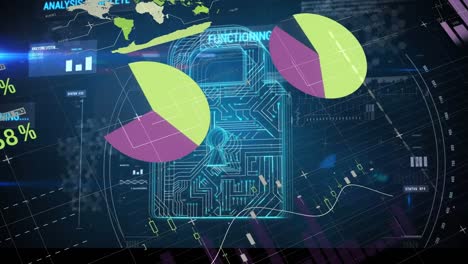 interfaz infográfica digital con puntos que se interconectan y forman bloqueo sobre gráficos