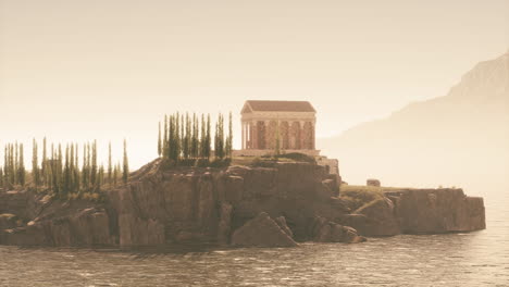 ruinas de un antiguo templo romano con vistas a las aguas serenas al atardecer