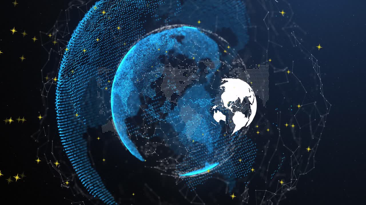 Animation of globe, connections and dots on navy background