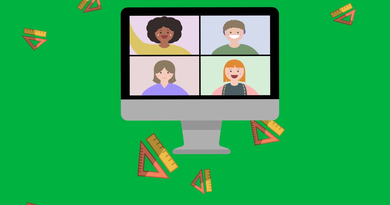 Video call on computer screen against multiple geometry equipment icons on black background