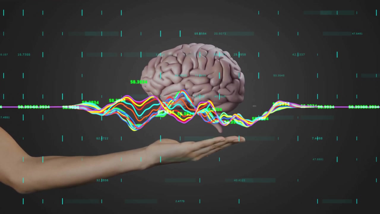 Waveform pulsating on grey field causing forearm sliding, brain appearing over palm showing data