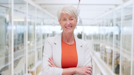 face, senior woman and leader with arms crossed