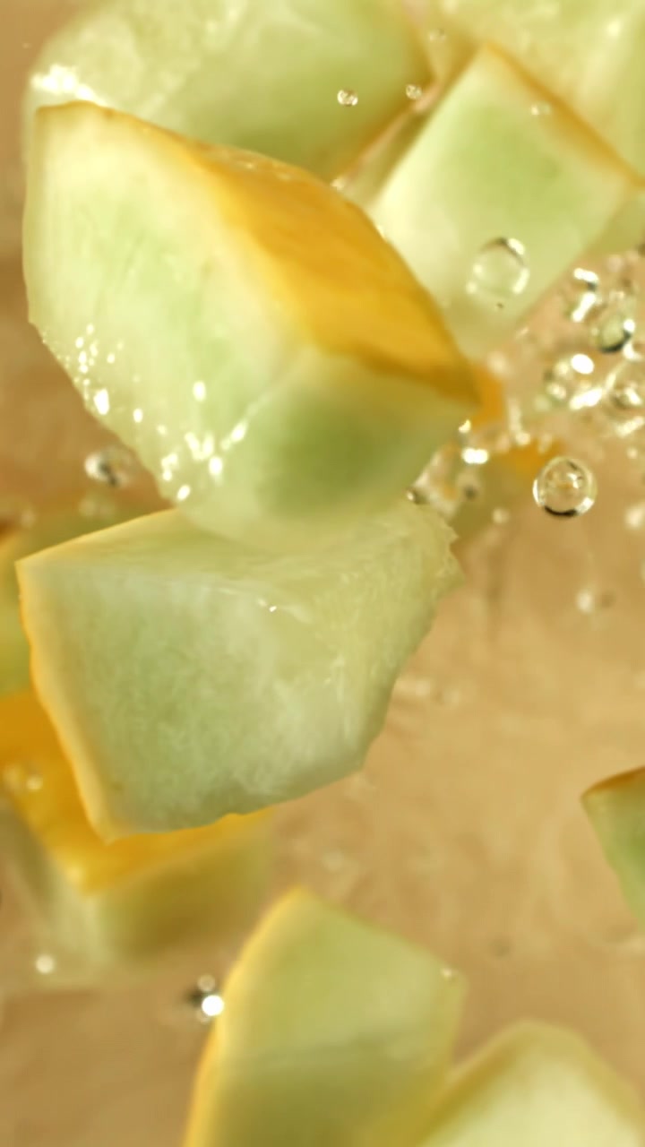 Fresh Honeydew Melon Pieces Floating in Refreshing Bubbly Water