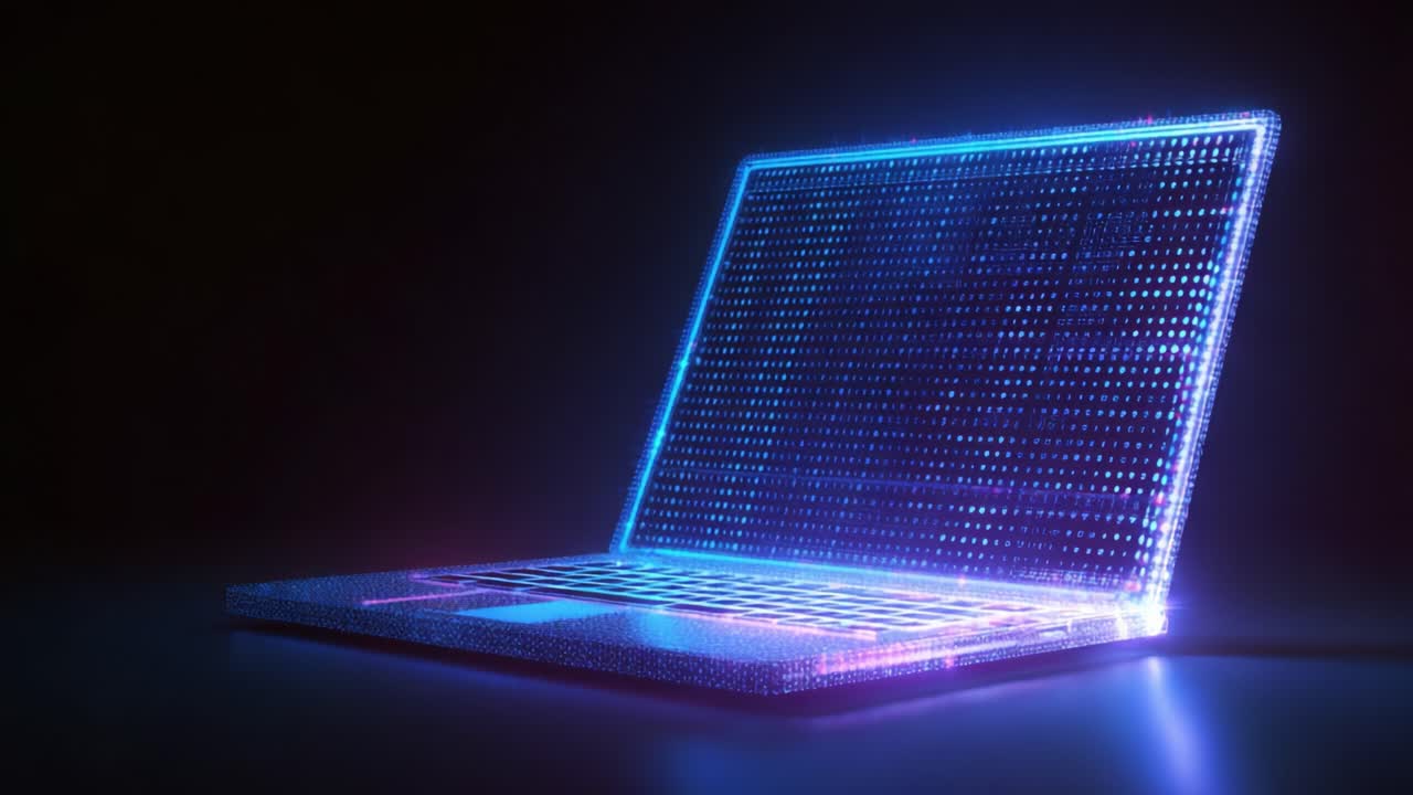Futuristic Laptop Visuals with Neon Glows and Dynamic Light Emissions Captured in a Dark Background Setting, Highlighting a High-Tech and Digital Aesthetic