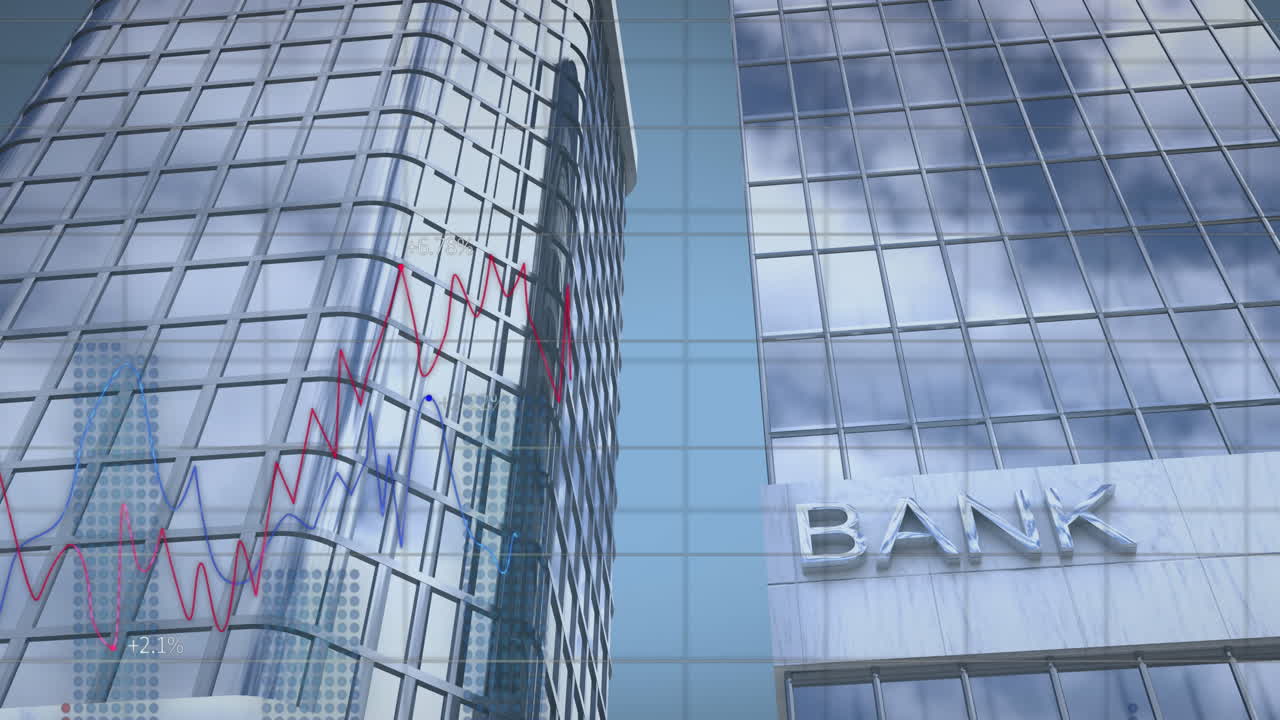 animación del procesamiento de datos financieros en edificios de oficinas modernos